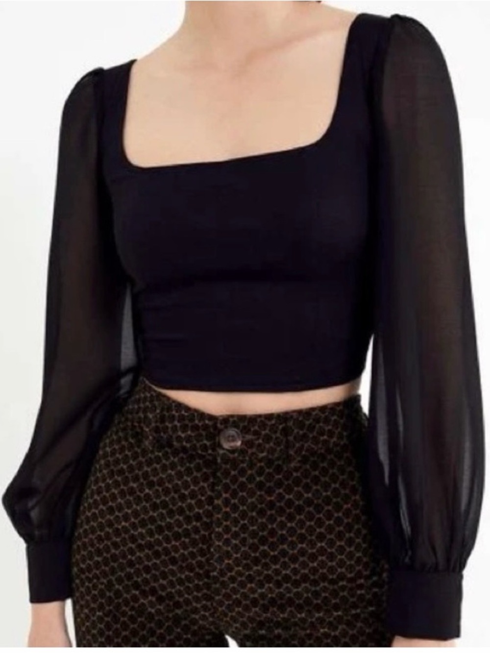 Urban Outfitters Lena Sheer Puff Sleeve Square Cropped Neck Blouse size L